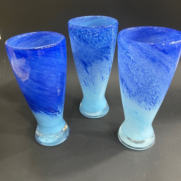 Set of 3 Art Glass Tall Beer Pub Glasses - Ocean Blue Swirl - 7.5" - Picture 4 of 9